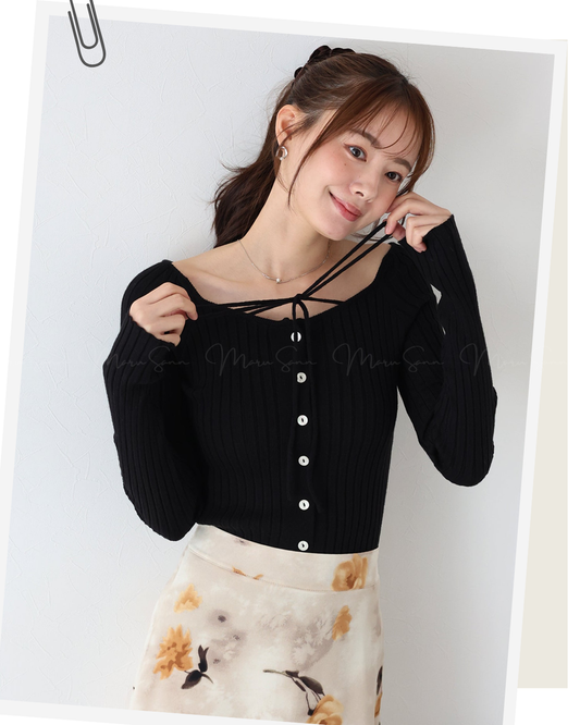 🇯🇵 JAPAN ♥ Ribbed knit top with square neck and ribbon choker ♥ Ribbed Knit with Bow Heart Neck (3 colors) 🔎 ɪᴛᴇᴍ ɴᴏ:SS-JS31886