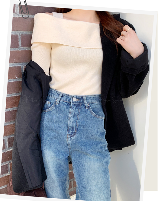 🇰🇷KOREA ♥ Unbalanced Off-Shoulder Knitwear ♥ 熱銷商品 奶油色不對稱露單肩針織衫 (4色入) 🔎 ɪᴛᴇᴍ ɴᴏ:SS-KSS93544093