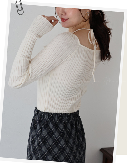 🇯🇵 JAPAN ♥ Ribbed knit top with square neck and ribbon choker ♥ Ribbed Knit with Bow Heart Neck (3 colors) 🔎 ɪᴛᴇᴍ ɴᴏ：SS-JS31886