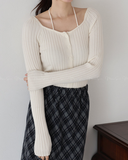 🇯🇵 JAPAN ♥ Ribbed knit top with square neck and ribbon choker ♥ Ribbed Knit with Bow Heart Neck (3 colors) 🔎 ɪᴛᴇᴍ ɴᴏ：SS-JS31886