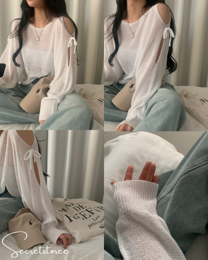 🇰🇷Korea︴Bow Knot Shoulder Slit Loose Fit Long Sleeve Sweater in 5 Colors★ 🔎 SS-sdwp1f25