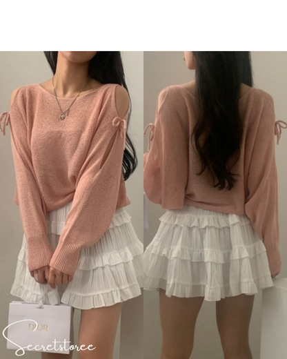 🇰🇷Korea︴Bow Knot Shoulder Slit Loose Fit Long Sleeve Sweater in 5 Colors★ 🔎 SS-sdwp1f25