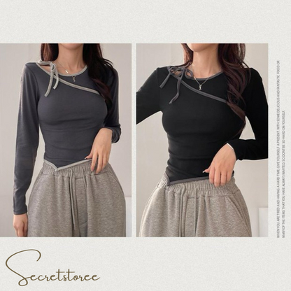 Diagonal Tie Bow Fake 2-Piece Top
 ★ Product Code 🔎 SS-sdwp1f26