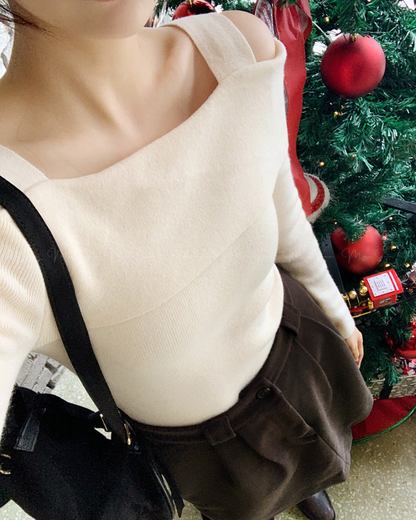 🇰🇷KOREA ♥ Unbalanced Off-Shoulder Knitwear ♥ Bestselling Cream Asymmetrical Off-Shoulder Knitwear (Available in 4 Colors) 🔎 ɪᴛᴇᴍ ɴᴏ：SS-KSS93544093