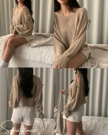 🇰🇷Korea︴Bow Knot Shoulder Slit Loose Fit Long Sleeve Sweater in 5 Colors★ 🔎 SS-sdwp1f25