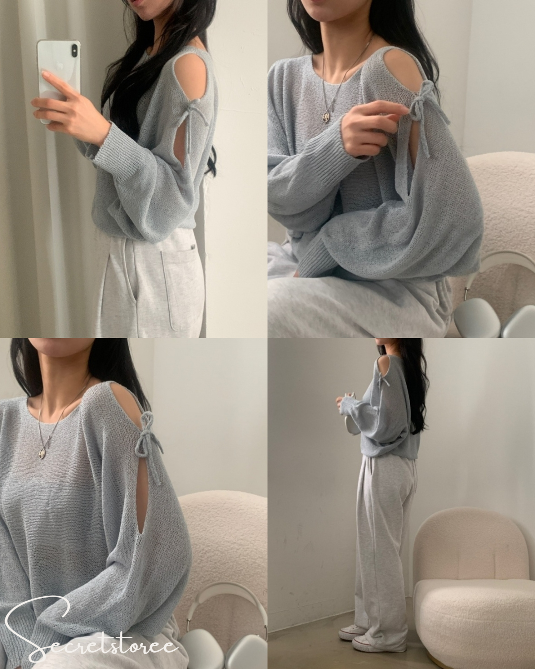 🇰🇷Korea︴Bow Knot Shoulder Slit Loose Fit Long Sleeve Sweater in 5 Colors★ 🔎 SS-sdwp1f25