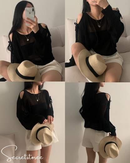 🇰🇷Korea︴Bow Knot Shoulder Slit Loose Fit Long Sleeve Sweater in 5 Colors★ 🔎 SS-sdwp1f25
