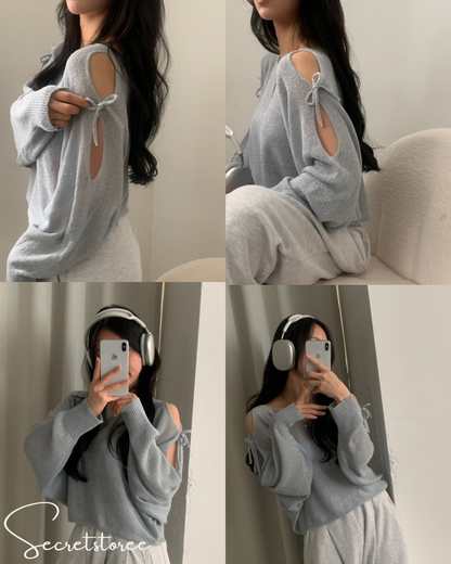 🇰🇷Korea︴Bow Knot Shoulder Slit Loose Fit Long Sleeve Sweater in 5 Colors★ 🔎 SS-sdwp1f25