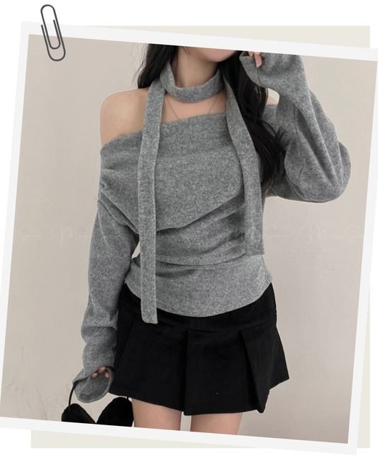 🇰🇷KOREA 
♥ Long-Sleeve One-Shoulder Plain Top With Scarf
🔎 ɪᴛᴇᴍ ɴᴏ：SS-KSS98993247